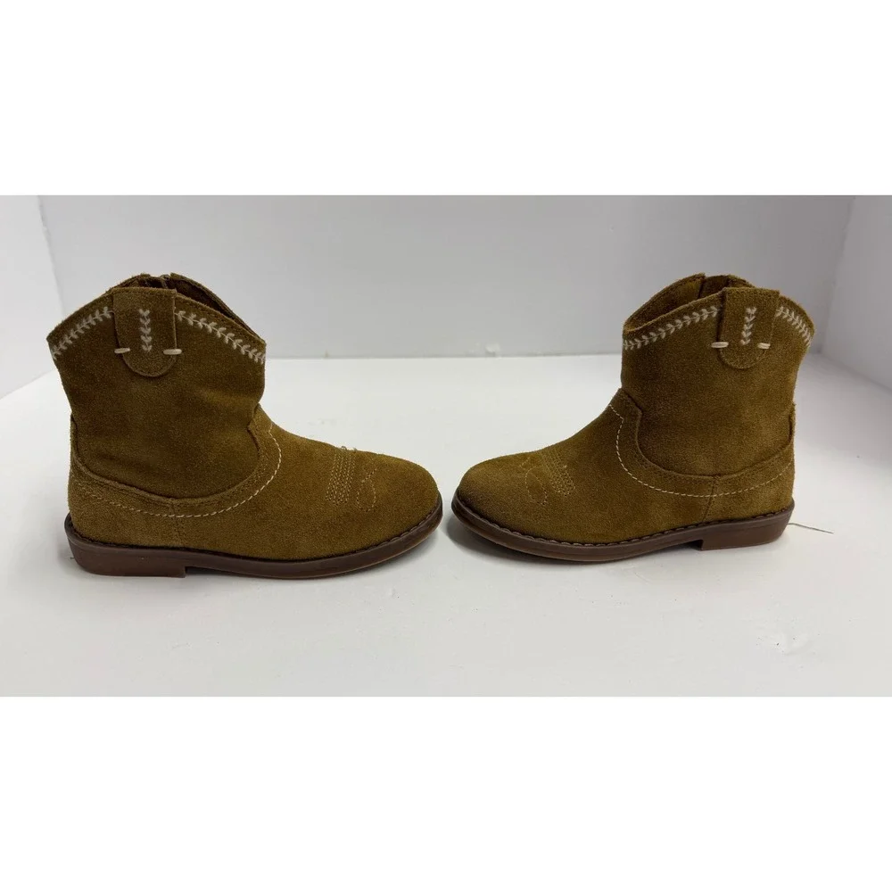 Zara Kids Tan Suede Cowboy Boots Western Contrast Stitch Side Zip Brown Size 26